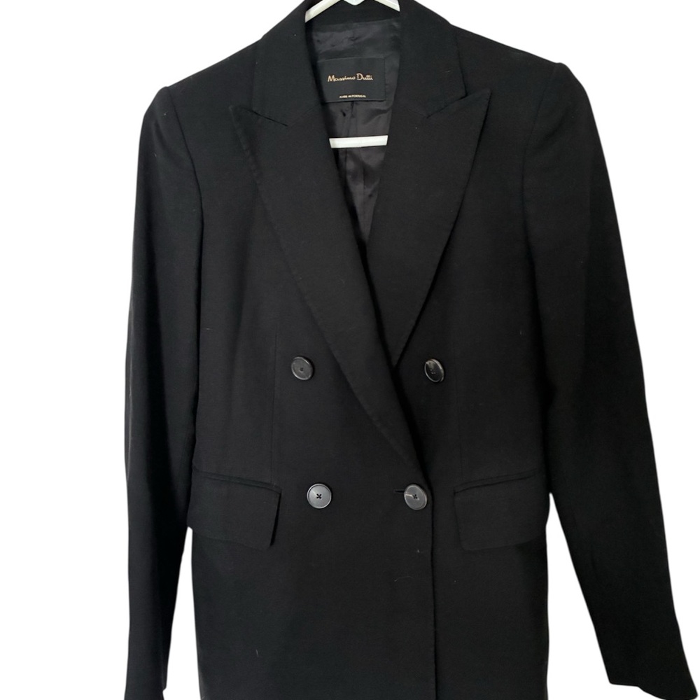 Massimo Dutti Black Double-Breasted Wool Blend Blazer Tailored Classic